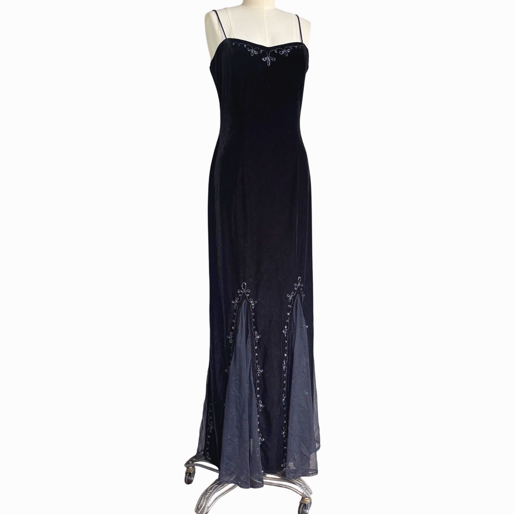 y2k Dave&Johnny Maxi Black Velvet Beaded Open back Mesh Whimsigoth Fairy Dress S
